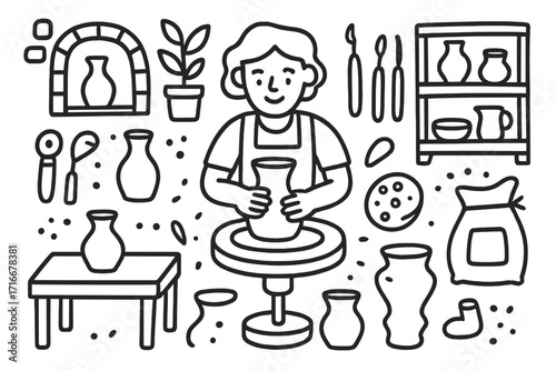 Pottery workshop doodle concept. Woman potter making clay pot on wheel. Handmade ceramics craft hobby. Vector line art illustration with artisan tools, kiln, and vases set.