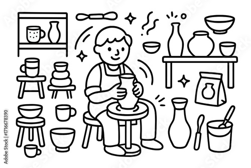 Pottery doodle concept. Man making ceramic pot on wheel. Handmade craft hobby. Artisan in workshop. Vector line art illustration set. Clay shaping creative process.