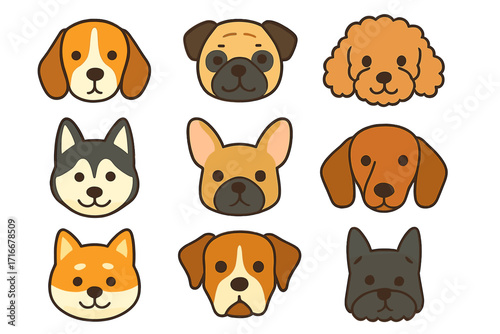 Dog heads vector set. Cute cartoon puppy faces collection. Breeds include Beagle, Pug, Poodle, Husky, French Bulldog, Dachshund, Shiba Inu, and Terrier pet animal icons.