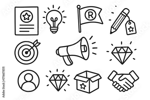 Hand drawn branding icon set. Doodle marketing elements like trademark, quality, idea, target. Vector illustration for brand identity, intellectual property, business success.