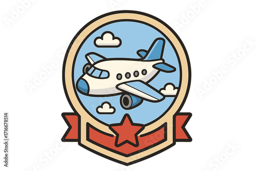 Airplane travel logo. Cute cartoon plane flying in sky emblem. Aviation vector icon. Airline flight journey badge. Aircraft transport symbol. Transportation sticker patch.