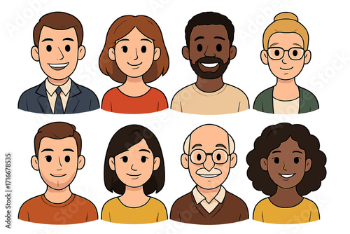 Set of diverse people avatars. Collection of multiethnic cartoon characters. Men and women of different ages and races. Vector illustration of user portraits for profiles.