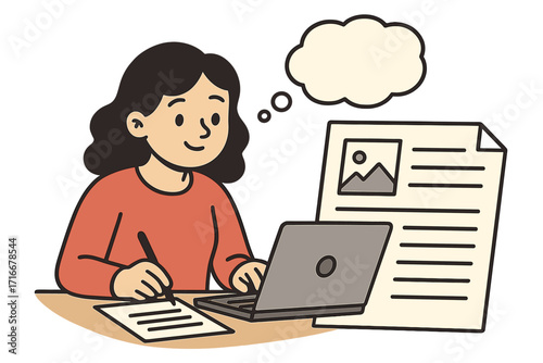 Press release writing concept. Woman journalist, author, or copywriter working on laptop. Content creation, storytelling, and blogging idea. Business marketing and PR communication.