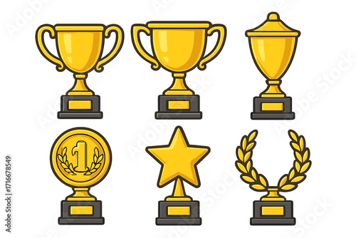 Gold trophy and awards vector icon set. Golden cup collection for winner. Champion prize illustration. First place celebration symbol. Victory and success concept design.