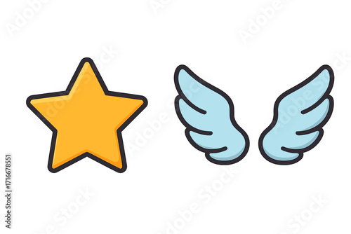 Star and wings icon set. Cartoon vector illustration for a logo, award, or rating. Concept for success, freedom, magic, fantasy, and achievement. Flying star and angel wings.