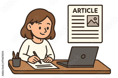 Woman writing article at desk. Author, journalist, or copywriter creating content. Press release and content marketing concept. Vector illustration for blogging, news, and freelance work.
