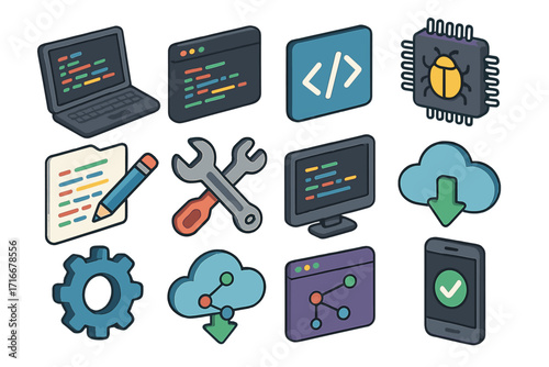 Programming and coding isometric icon set. Software development, computer science, and information technology concepts. Web and app dev, cloud computing, debugging, and API.