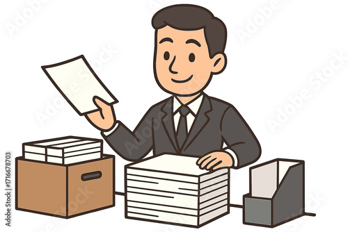 Businessman sorting documents at office desk. Man organizing papers. Concept of paperwork, bureaucracy, and administration. Clerk working with files. Cartoon vector illustration.