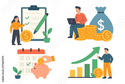 Financial success concepts. Vector illustration set of money saving, investment growth, budget planning, wealth management. People with piggy bank, coins, rising graph.