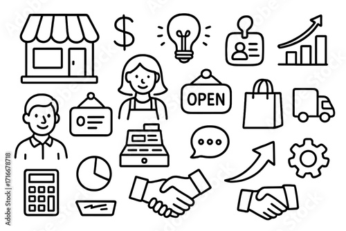 Small business doodle icon set. Hand drawn vector line illustrations for entrepreneurship, startup, and local retail. Includes shop, growth chart, delivery, and sales symbols.