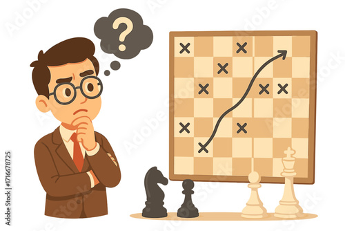 Business strategy concept. Pensive businessman thinking, planning a chess tactic. Metaphor for strategic thinking, problem solving, decision making and competition in business.