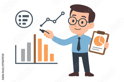 Businessman doing data analysis presentation. Office manager character with financial report, chart, graph. Marketing analytics, corporate growth strategy and statistics concept.