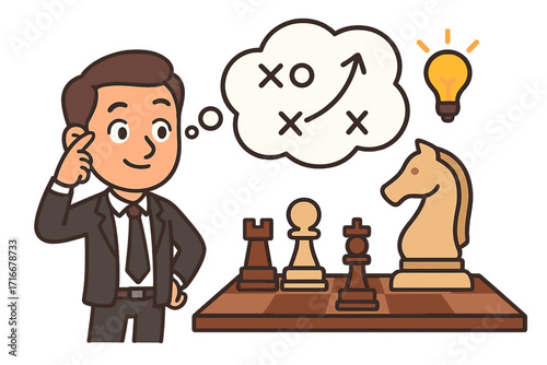 Business strategy concept metaphor. Businessman planning game on a chessboard. Thinking process with idea lightbulb. Manager finding a solution. Success and victory planning.
