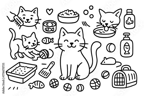 Cute cat and kitten pet care accessory set. Doodle cartoon line art vector illustration collection. Includes happy cat, food, toys, grooming brush, carrier, and litter box icons.
