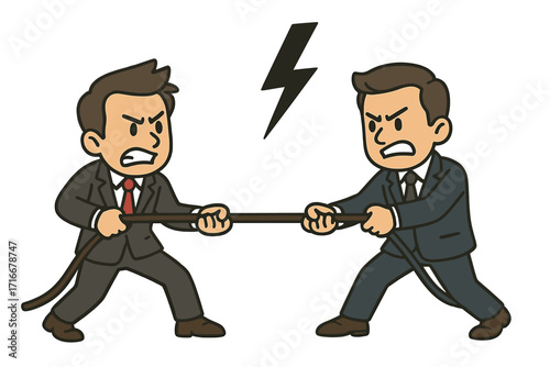 Businessmen in tug of war, a metaphor for corporate competition, conflict, and rivalry. Two angry men fighting for market share. Vector concept of a power struggle and challenge.