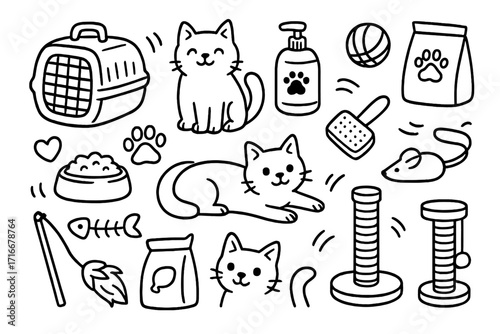 Cat pet care accessories doodle set. Cute kawaii cartoon collection with kitten, food, toy, scratching post, carrier, brush. Veterinary vet shop elements. Vector line art.