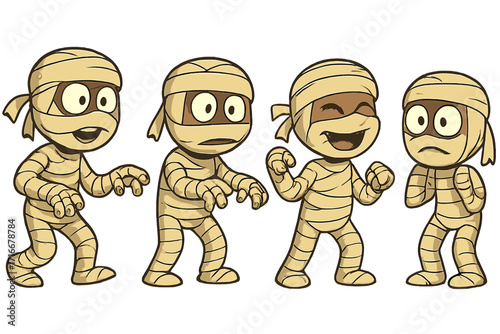 Cute cartoon mummy character set. Vector illustration of Egyptian monsters for Halloween. Funny ancient characters with different emotions like happy, sad, and scared.
