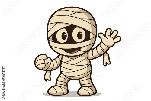 Cute cartoon mummy character waving hello. Vector illustration of a friendly Halloween monster. Happy ancient Egyptian phantom for kids design. Funny ghoul mascot wrapped in bandages.