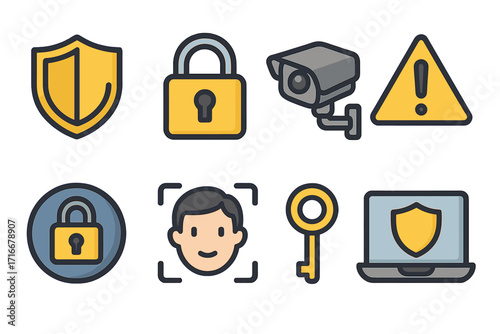 Security and protection icon set. Vector collection of flat design symbols for safety and privacy. Padlock, shield, CCTV camera, facial recognition, key and cyber defense.