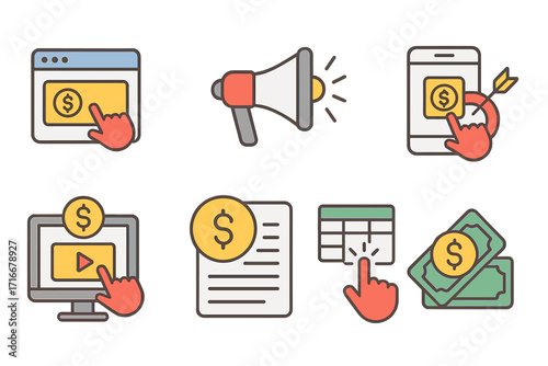 Pay Per Click icon set. PPC, CPC, digital marketing advertising concept. Online business, e-commerce, and website monetization symbols. Making money online vector icons.