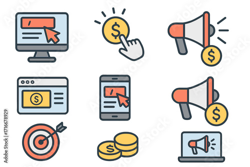 Pay-per-click digital marketing icon set. Online advertising campaign, CPC, and target audience concept. Vector icons for SEO, business promotion, and financial strategy.
