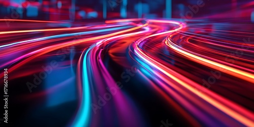 
Vibrant neon light trails create a mesmerizing futuristic effect in this dynamic digital illustration.

