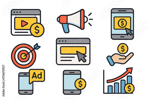 Digital marketing online advertising icon set. Business finance symbols. Pay per click, PPC, promotion, targeting, revenue growth, ROI concept for social media marketing vector.