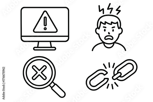Error 404 page not found icon set. Frustrated user with broken link and system warning on computer screen. Vector line art of internet problem and website failure concept.