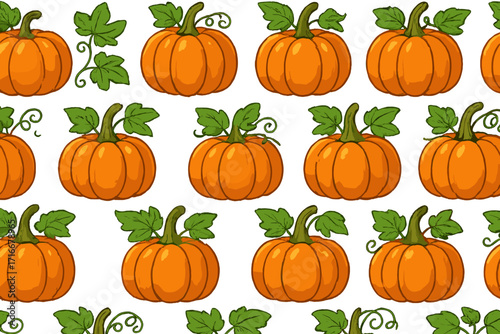 Cute pumpkin seamless pattern. Vector cartoon background for fall holiday design. Autumn harvest illustration. Halloween or Thanksgiving decorative texture with orange gourds.