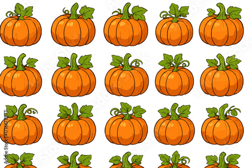 Seamless pumpkin pattern vector. Cartoon autumn vegetable background. Repetitive texture for Halloween or Thanksgiving. Cute fall harvest illustration for wallpaper or fabric.