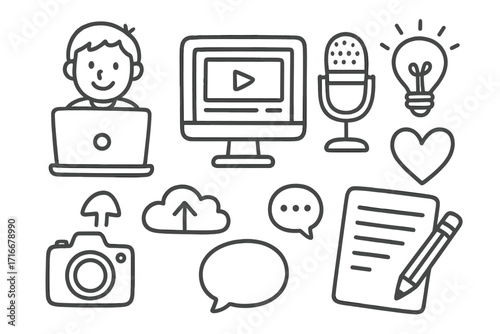 Content creator icon set for social media marketing. Vlogger, blogger, and podcaster elements. Line art illustration of freelance work, streaming, and digital content creation.