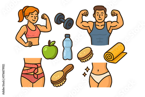 Fitness and health icon set. Man and woman flexing muscles. Dumbbell, apple, water bottle for workout and diet. Weight loss concept with measuring tape and slim waist. Gym.