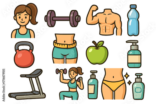 Fitness and health vector icon set. Gym workout, sport exercise, and bodybuilding equipment. Healthy lifestyle, diet, and weight loss concept. Woman training, slim waist.
