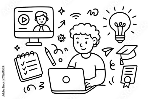E-learning concept doodle. Student at laptop watches online course webinar. Lightbulb idea, graduation cap, diploma icon set. Hand-drawn vector for remote education.