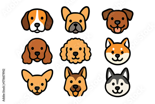 Cute dog head icon set. Cartoon vector illustration pack of various dog breeds. Pet face collection for graphic design. Beagle, poodle, husky, shiba inu, bulldog.