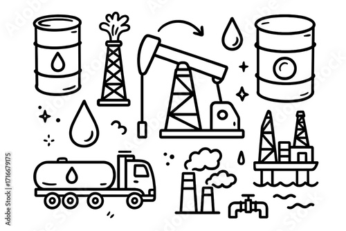 Oil industry doodle icon set. Gas extraction, petroleum production concept. Vector line art illustration of barrel, pump, rig, tanker, factory, refinery. Fossil fuel energy clipart.