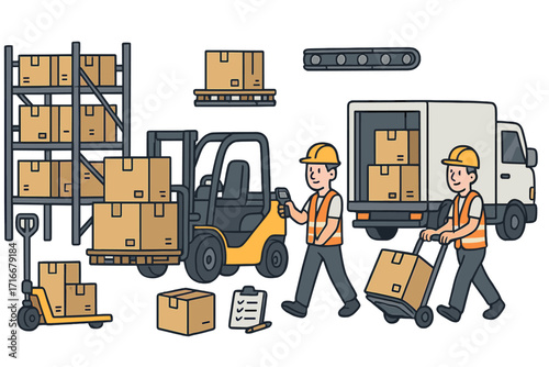 Warehouse logistics vector illustration set. Distribution center workers with forklift and truck. Supply chain, cargo delivery, package shipping and storage cartoon elements.