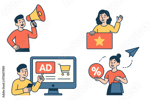 Marketing and advertising vector illustration set. Digital promotion concepts with characters. Online shopping ad, customer with discount sign, person with megaphone for announcement.
