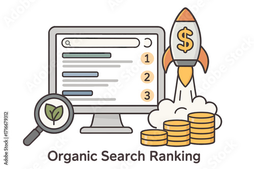 Organic search ranking SEO concept. Digital marketing strategy for website traffic growth. Business profit, ROI metaphor. Rocket launch for financial success. SERP position.