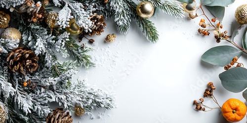 Festive winter flat lay with snow covered pine cones, fir branches, eucalyptus, golden baubles, and a mandarin orange on white background