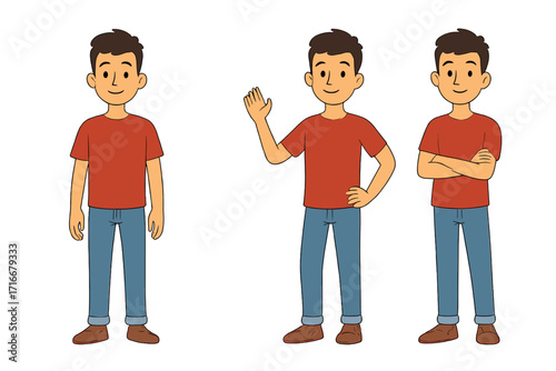 Young man character set in different poses. Vector cartoon illustration. Casual guy standing, waving hello, and with arms crossed. Friendly person full body view collection.