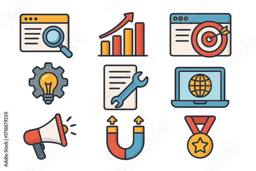 Business marketing icon set vector. SEO digital strategy symbols. Growth chart, target goal, innovation idea. Lead generation magnet, success medal, online promotion icon.