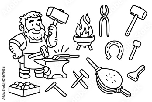 Blacksmith character forging metal. Cartoon doodle icon set of smithy tools. Hammer, anvil, fire, horseshoe. Vector line art illustration for craft and industry concepts.