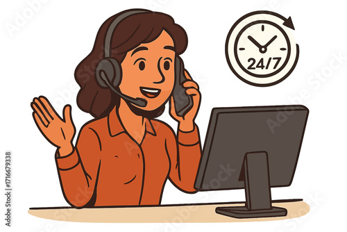 Customer service agent, female operator with headset providing 24/7 support. Woman at computer answering call. Call center, helpdesk, online consultation concept vector.