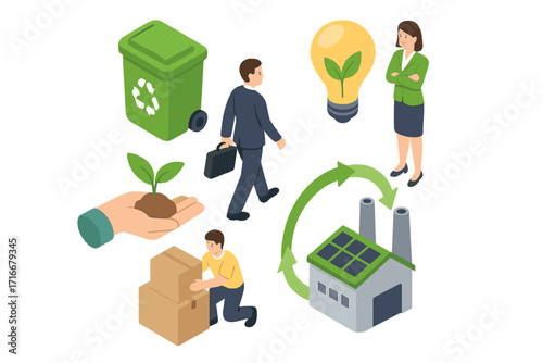 Isometric sustainability business concept. Corporate social responsibility for environmental conservation. Green energy factory with solar panels, recycling, and reuse of products.