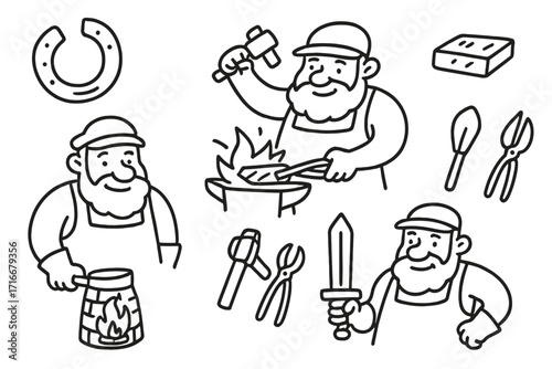 Blacksmith doodle concept. Smith character forging metal on an anvil with a hammer. Vector cartoon illustration set with tools, horseshoe, and sword. Ironwork and metalwork.