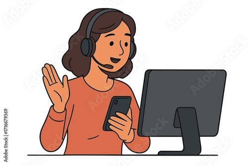 Customer service concept with female operator and headset. Call center agent at computer answering client call. Friendly woman providing support and assistance on a helpline.