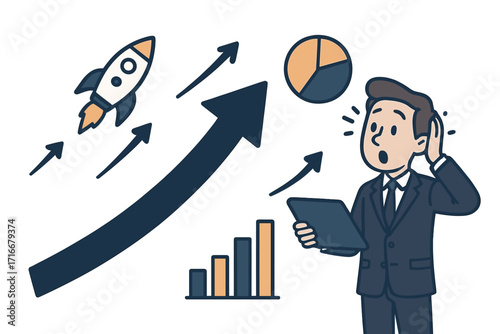 Business trend analysis concept. Businessman amazed by rapid growth, financial success and profit. Data visualization with upward arrow, charts, and rocket. Market boom.