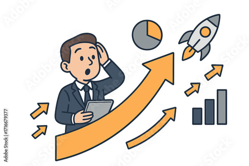 Trend Analysis concept. Amazed businessman with tablet sees rapid growth. Financial success with arrow up, rocket launch, and bar charts. Market boom and investment return.
