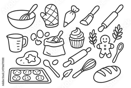 Baking icons doodle set. Hand drawn line art of kitchen tools for cooking pastry. Vector collection of bread, cake, cookies, flour, eggs, and whisk. Bakery concept illustration.